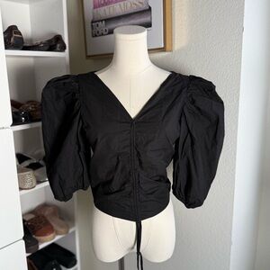 Never a Wallflower Designer Black Balloon Sleeve Ruched Blouse Size Small